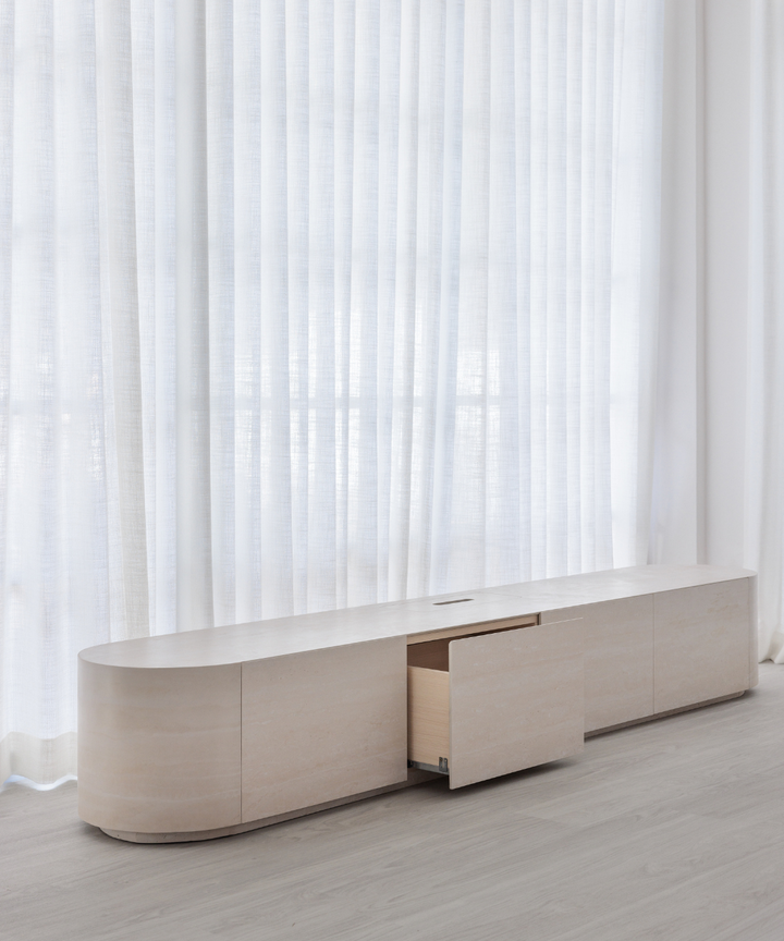 Eliesse Curved TV Console - Sintered Travertine